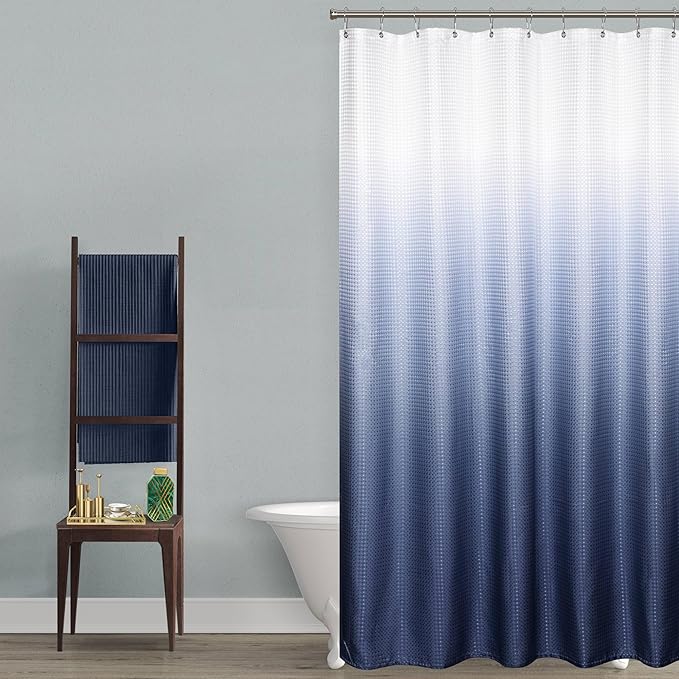 Mrs.Naturall Navy Blue Shower Curtain,Nautical Masculine Men Ombre Dark Blue Pattern Shower Curtains for Bathroom,Set with Hooks,Blue and White