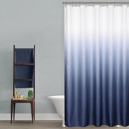 Mrs.Naturall Navy Blue Shower Curtain,Nautical Masculine Men Ombre Dark Blue Pattern Shower Curtains for Bathroom,Set with Hooks,Blue and White