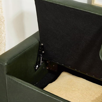 Furniliving Storage Bench, 48‘’ Upholstered PU Leather Ottoman Bench with Button-Tufted, Folding Bedroom Bench with Wood Legs, Entryway Bench for Bedroom, Grass Green