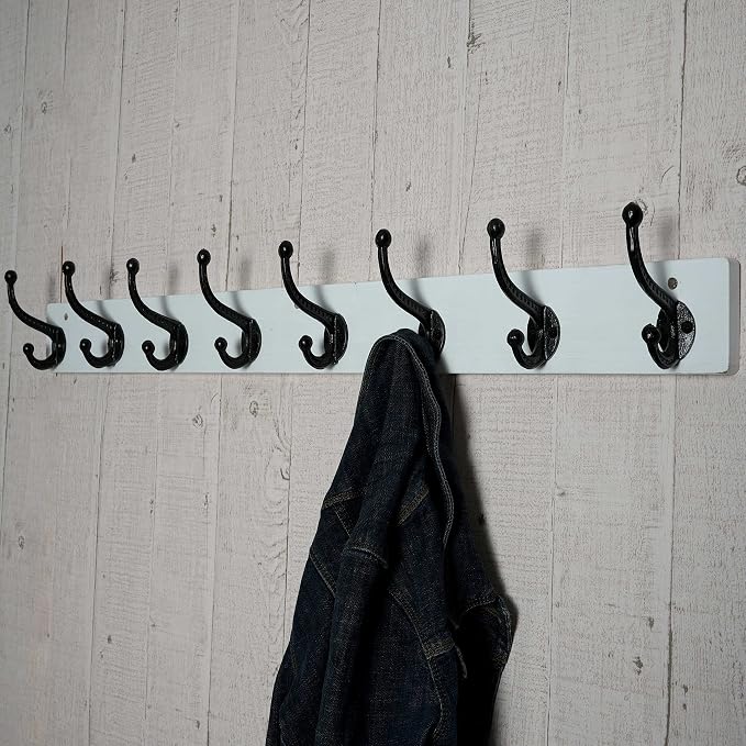WEBI Rustic Coat Rack Wall Mount,5 Cast Iron Coat Hooks Wall Mounted,Heavy Duty Wall Coat Hanger Hooks for Hanging Coats,Clothes,Black on White,2 Packs