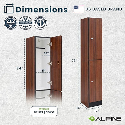 Alpine 2 Door Wooden Locker Cabinet - 72" Expandable Commercial Storage Lockers for Gym, Spa, Office & Golf Club - Includes Metal Base & Lock-Ready Handle, Single Column 2 Tier - Walnut