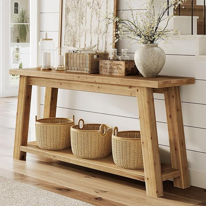 LITTLE TREE 70.9" Solid Wood Console Table for Entryway, 2-Tier Sofa Table Behind Couch, Farmhouse Entryway Table for Living Room, Bedroom, Foyer