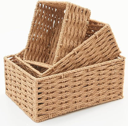 Small Wicker Basket for Organizing, Woven Storage Basket Set of 3 - Handwoven Natural Paper Rope Baskets to Declutter Any Room, Perfect for Organizing and Home Decor