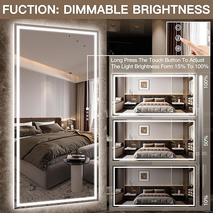 FENNIO Full Length Mirror with Lights, 70" x 32" LED Full Body Mirror, Free Standing Lighted Floor Mirror, Wall Mounted Hanging Mirror with Lights for Bedroom, Salon, Tempered Glass（White）