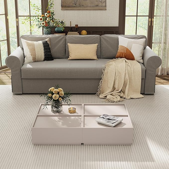 Coffee Table with Storage,Modern Center Table with 4 Hidden Drawers for Living Room,Rectangle Coffee Table for Home Furniture,Bedroom,Beige Gray
