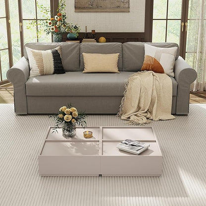Coffee Table with Storage,Modern Center Table with 4 Hidden Drawers for Living Room,Rectangle Coffee Table for Home Furniture,Bedroom,Beige Gray