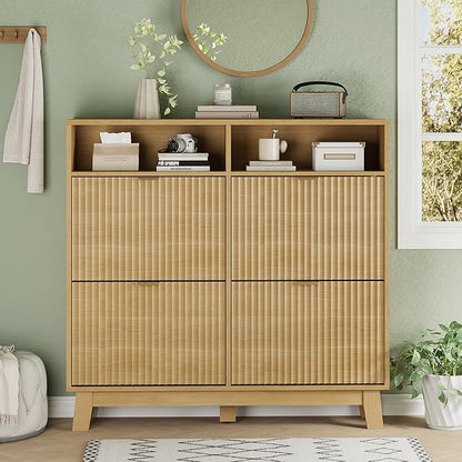 Shoe Cabinet with 4 Flip Drawers, 46" Tall Hidden Fluted Shoe Storage Organizer for Entryway, Narrow Slim Wooden Shoe Rack Cabinet for Front Door Entrance, Hallway, Living Room, Natural Oak