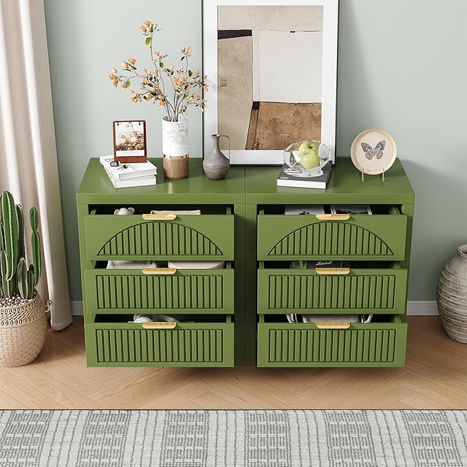 6 Drawer Dresser, Farmhouse Fluted Chest of Drawers, Wooden End Table, Mid- Century Modern Bedroom Nightstand Side Table for Bedrooms, Closets, Hallways, and Entryways, Green X2