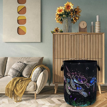 Watercolor Sea Turtle Laundry Basket Foldable Cute Turtles Laundry Hamper Oxford Cloth Ocean Animals Colorful Tote Bag Clothes Toy Storage Bucket For Bathroom/Laundry Storage/Bedroom 18.9x16.5 Inch