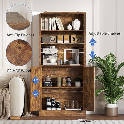 BORNOON 71.4" Tall Bookshelf with Cabinet, 5-Tier Floor Standing Bookcase with Doors & Adjustable Shelves, 31.5" Wide Storage Shelf, Metal Handles, Modern Organizer for Home Office, Living Room