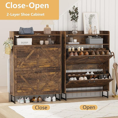 Shoe Cabinet with 2 Flip Drawers, Freestanding Hidden Shoe Storage Organizer for Entryway, Narrow Slim Shoe Rack Cabinet with Open Storage & Hooks for Front Door Entrance, Living Room, Hallway, Brown