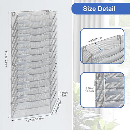 EasyPAG Wall File Organizer for Office 14 Pocket Mesh Wall Mounted Paper Organizer Hanging Folder Holder with Nametag Label for Home School, Silver