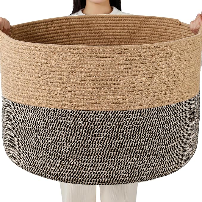 Foldable Laundry Hamper Basket with Collapsible Handle Cotton Rope Soft Woven Fabric Storage Organizer Clothes Toys Nursery Bedroom Dorm Space Saving Bin (Camel & Mix Camel, 115L(23.6"D x 15.7"H))