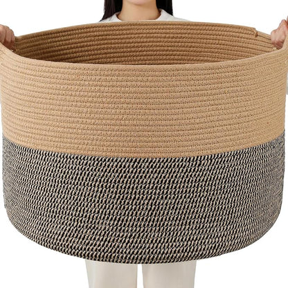 Foldable Laundry Hamper Basket with Collapsible Handle Cotton Rope Soft Woven Fabric Storage Organizer Clothes Toys Nursery Bedroom Dorm Space Saving Bin (Camel & Mix Camel, 115L(23.6"D x 15.7"H))