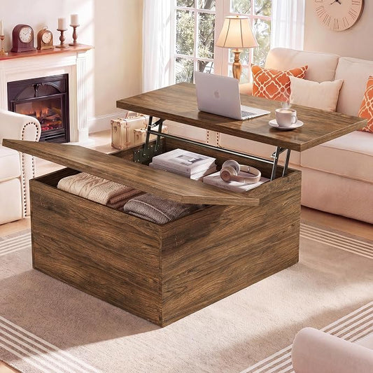 HUAHUU 31.5" Lift Top Coffee Table, 4 in 1 Square Coffee Table with Storage, Center Table with Lifting Top & Large Hidden Storage Compartment for Living Room, Home Office, Walnut