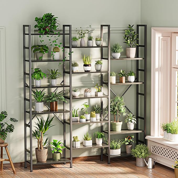 SUPERJARE Triple Bookshelf, Bookcase with 11 Open Display Shelves, Wide Book Shelf Book Case for Home & Office, 6 Tier, Grey