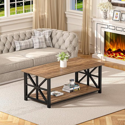 GreenForest Coffee Table with Round Corner, Farmhouse Center Table with 2-Tier Storage Shelf X-Frame Design for Living Room, 39 inch Walnut