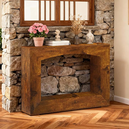 46 Inch Entryway Table U-Shaped, Wooden Console Table with Socket Farmhouse Sofa Table for Entrance, Hallway, Living Room,Behind Couch(Rustic Brown)
