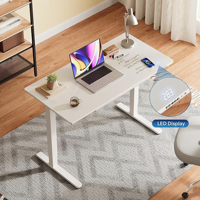 DEVAISE Standing Desk with Drawers, Whole-Piece Glass Adjustable Height Desk, 48 Inch Electric Stand Up Desk, Quick Install, White