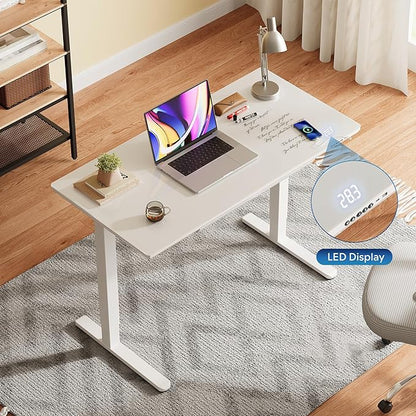 DEVAISE Standing Desk with Drawers, Whole-Piece Glass Adjustable Height Desk, 48 Inch Electric Stand Up Desk, Quick Install, White