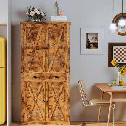 IRONCK Kitchen Pantry Storage Cabinet 72.6" H, with Barn Doors, Drawer, 4 Adjustable Shelves, Freestanding Cupboard for Dining Room Living Room, Laundry, Vintage Brown