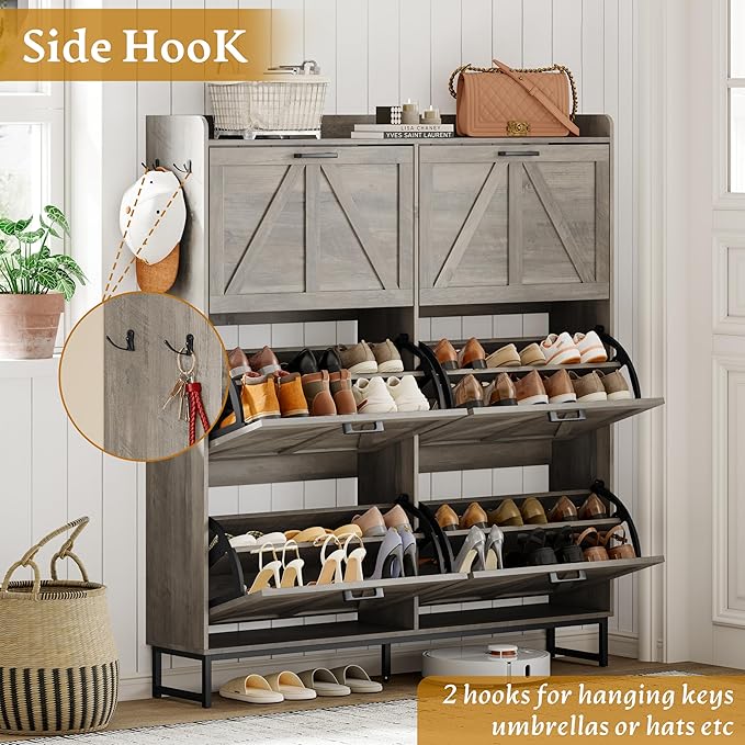 Shoe Cabinet Storage for Entryway, Shoe Storage Cabinet with 6 Flip Drawers, Freestanding Narrow Shoe Rack Organizer with Metal Legs for Foyer, Hallway, Grey
