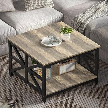 GreenForest Modern Living Room Coffee Table with 2 Tier Storage, Small Square Wood and Metal Farmhouse Center Table with Seamless One-Piece Tabletop, 27.55 Inch, Grey Wash