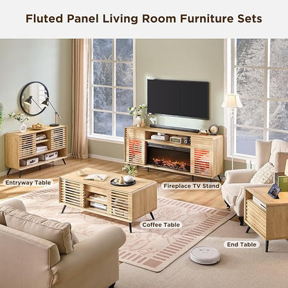 OKD 46" Console Sofa Table with Sliding Slatted Door, Modern Wood Coffee Bar w/Adjustable & Open Storage Shelf, Buffet Sideboard for Kitchen, Living Room, Entryway, Hallway, Foyer, Natural Oak