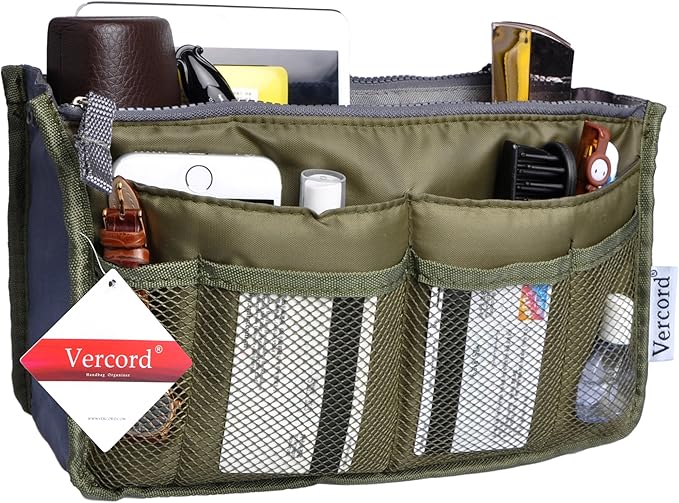 Vercord Purse Organizer Insert for Handbags Bag Organizers Inside Tote Pocketbook Women Nurse Nylon 13 Pockets Army Green Large