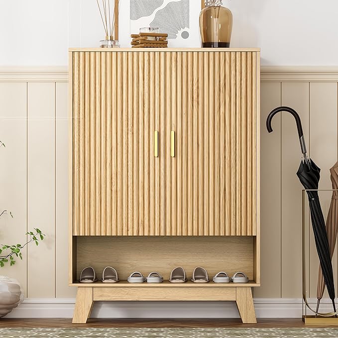 Shoe Cabinet Storage for Entryway, 5 Tier Fluted Shoe Storage Cabinet with Wooden Legs, Narrow Hidden Shoe Organizer with Adjustable Shelves, Freestanding Shoe Rack for Entryway, Hallway, Oak