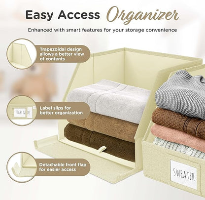 Trapezoid Closet Bins for Shelves – 12x12x10 Fabric Storage Baskets, Collapsible Organizer Boxes for Linen, Baby Clothes, Seasonal Storage – Light Beige, 3 Pack