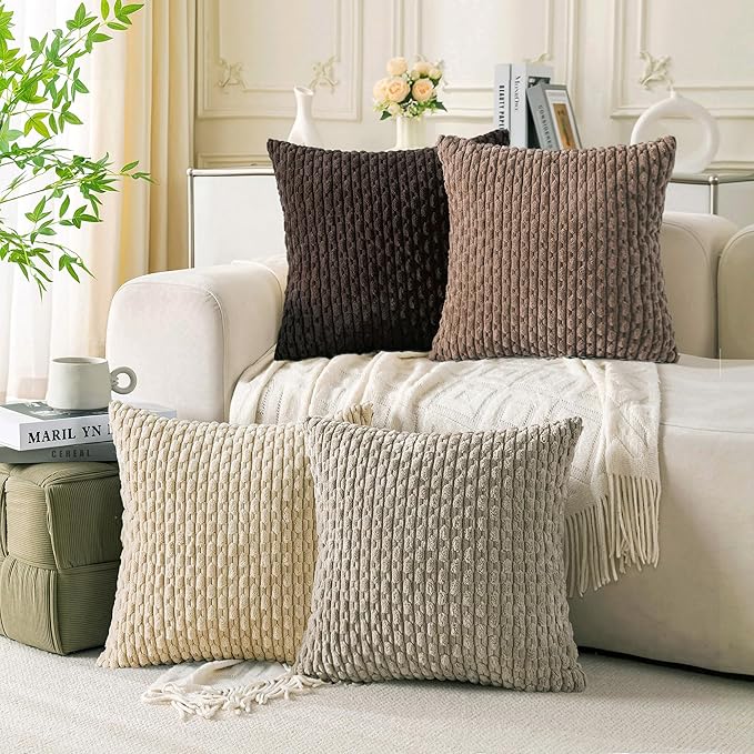 Set of 4 Beige Brown Coffee Decorative Throw Pillow Covers 26x26 Inch Corduroy Pillow Covers for Bed Couch Sofa Living Room Soft Square Cushion Cases
