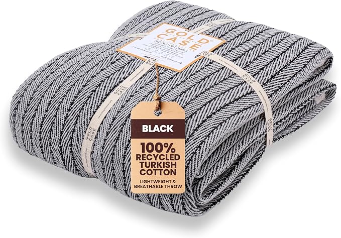 Gold Case Throw Blanket for Bed - 100% Recycled Turkish Cotton Blanket - Vintage Lightweight Soft Throw Blankets for Bed & Living Room - Queen Size Cozy Blankets - 90x90 - Black