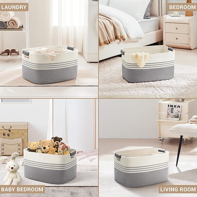 SunNewt 72L Large Laundry Basket with Leather Handles for Living Room Storage, Woven Rope Baskets Bin for Blanket, Kids Toy, Gifts, Wicker Hamper for Bedroom Dirty Clothes, 22"x17"x12" White Grey