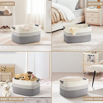 SunNewt 72L Large Laundry Basket with Leather Handles for Living Room Storage, Woven Rope Baskets Bin for Blanket, Kids Toy, Gifts, Wicker Hamper for Bedroom Dirty Clothes, 22"x17"x12" White Grey