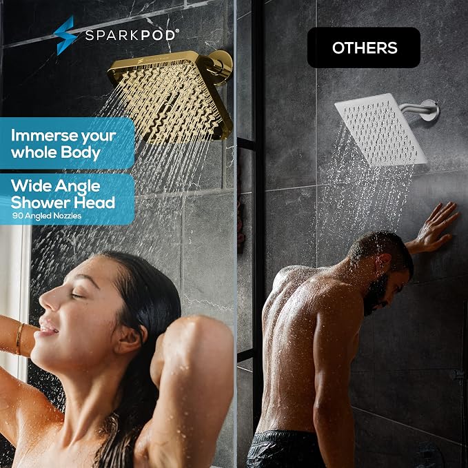 SparkPod Rain Shower Head, 8 Inch Square | High Pressure Shower Heads, 90 Nozzle (Touch-to-Clean), Adjustable Showerhead, No-tool Universal Connection