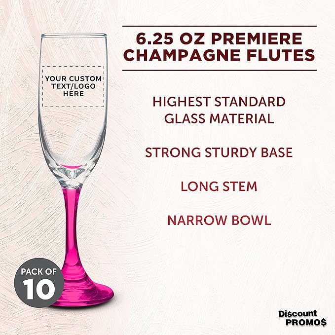 DISCOUNT PROMOS Custom Premiere Champagne Flutes 6.25 oz. Set of 10, Personalized Bulk Pack - Elegant Drinkware for Weddings, Events, & Promotional Gifts - Pink