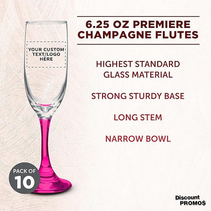 DISCOUNT PROMOS Custom Premiere Champagne Flutes 6.25 oz. Set of 10, Personalized Bulk Pack - Elegant Drinkware for Weddings, Events, & Promotional Gifts - Pink