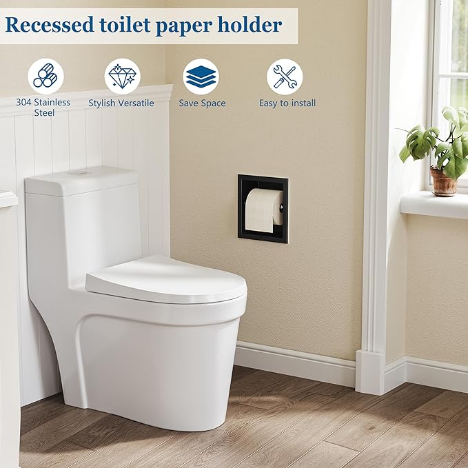 Neodrain Recessed Toilet Paper Holder - 304 Stainless Steel Built-in Wall Mount Bathroom Tissue Dispenser for Mega Rolls (Matte Black)