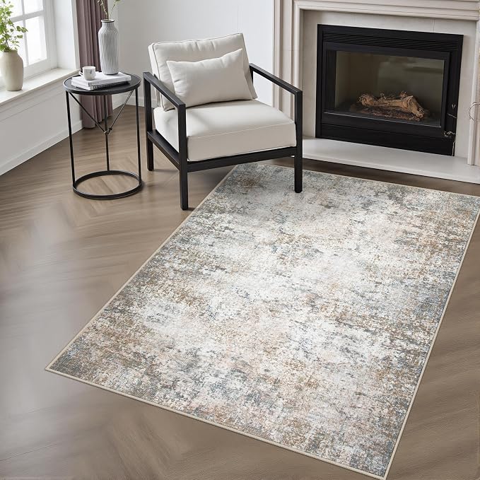 Washable Area Rug 3x5 Entryway Rug: Washable Modern Abstract Soft Thin Rug Indoor Floor No Slip Stain Resistant Carpet for Bedroom Dining Room Farmhouse Nursery Home Office - Brown Grey