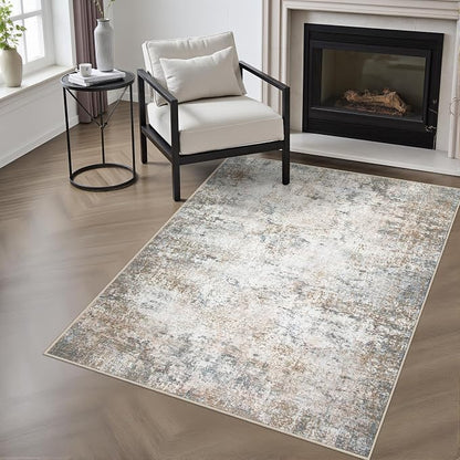 Washable Area Rug 3x5 Entryway Rug: Washable Modern Abstract Soft Thin Rug Indoor Floor No Slip Stain Resistant Carpet for Bedroom Dining Room Farmhouse Nursery Home Office - Brown Grey