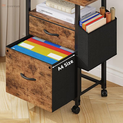 GYIIYUO 2 Drawer File Cabinet with 24'' Extended Desktop, Mobile Filing Cabinet, Rolling File Cabinet with Side Bag, Fabric Drawer, Fits A4/Letter Size, Printer Stand Home Office, Light Brown