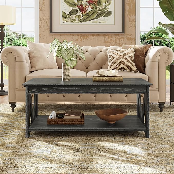 WLIVE Coffee Table, 43" Farmhouse Coffee Table with Storage Shelf & Sturdy V-Shaped Support, Wood Center Table for Living Room, Bedroom, Office and Balcony, Black