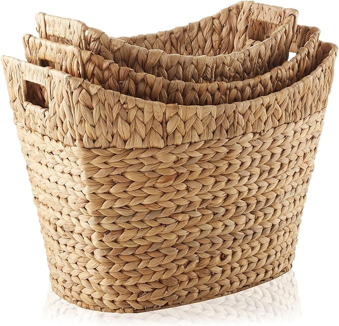 Casafield Set of 3 Stackable Oval Laundry Baskets with Handles - Natural, Woven Water Hyacinth Storage Totes for Throw Blankets, Bathroom, Bedroom, Living Room
