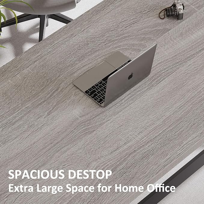 IBF 60” Grey Computer Office Desk, Modern Large Gray Office Desk for Home, Industrial Long Wood Metal Pc Work Writing Desks, Farmhouse Simple Study Executive Computer Table with Storage, Light Grey