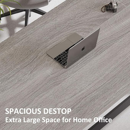 IBF 60” Grey Computer Office Desk, Modern Large Gray Office Desk for Home, Industrial Long Wood Metal Pc Work Writing Desks, Farmhouse Simple Study Executive Computer Table with Storage, Light Grey