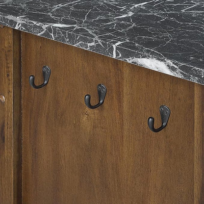 OSP Home Furnishings Fairmont Modern Farmhouse Kitchen Cart, Rolling Storage Cabinet with Drawer, Shelves, Hooks, Towel Bar, Oak Wood Finish with Faux Marble Top