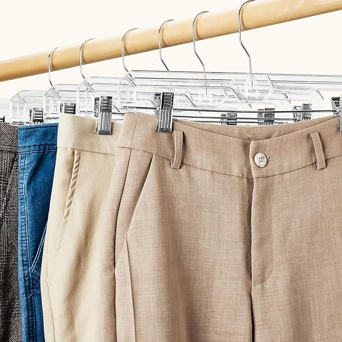 HOUSE DAY Clear Pants Hangers with Clips 25 Pack, Non-Slip Skirt Hangers for Women, Upgraded Heavy Duty Plastic Clip Hanger for Pants, Trousers, Jeans, 14" Short Hanger, 360-Rotating Swivel Hook