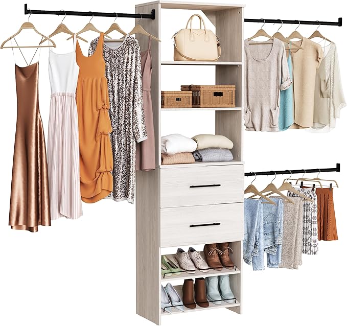 ClosetMaid SuiteSymphony 25-Inch Closet System Tower with (3) Hang Rods, (2) Drawers, and (2) Angled Shoe Shelves, White Timber