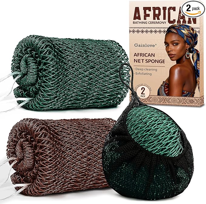 2 Pack African Net Sponge Exfoliating Body Scrubber Bath Sponge for Daily Use (Dark Brown+Dark Green)
